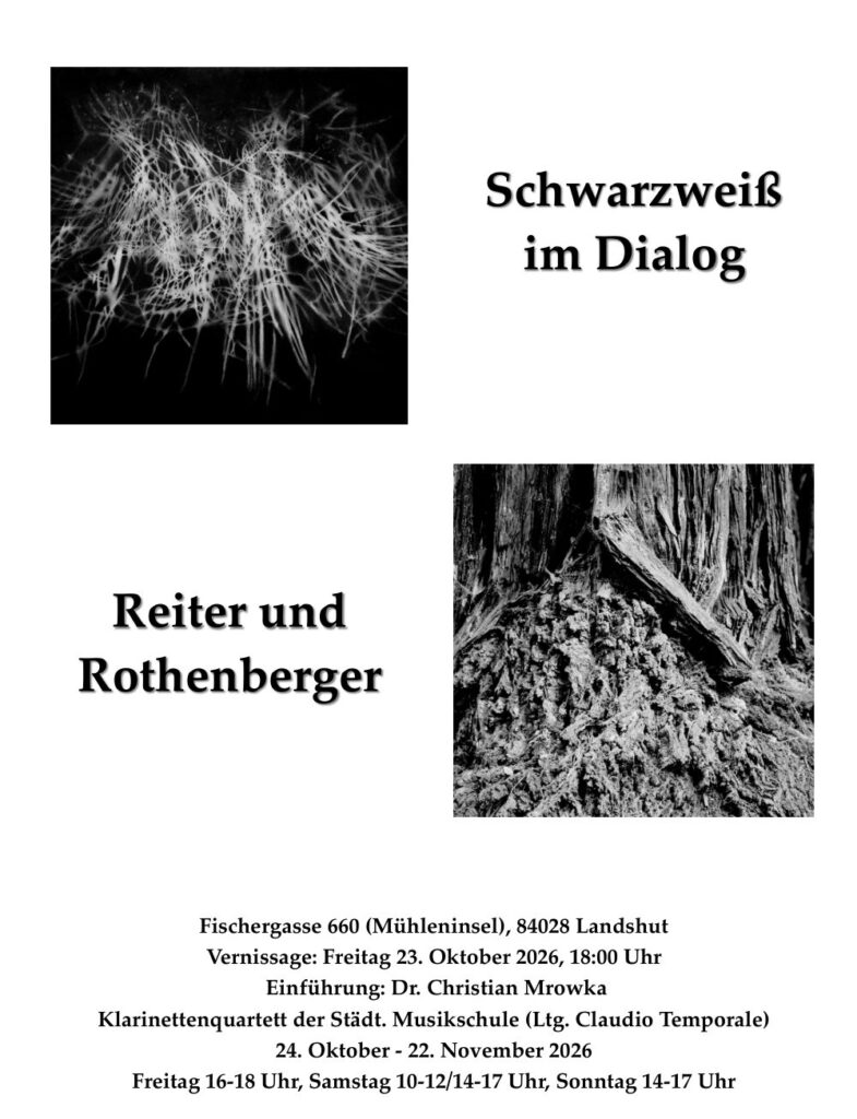 Einladungsplakat zur Ausstellung „Schwarzweiß im Dialog“ von Reiter und Rothenberger in Landshut, 24. Oktober bis 22. November 2026
